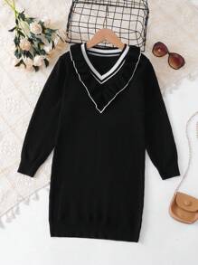 Chica preadolescente Vestido de punto de manga farol ribete con fruncido - Negro - Ver 1