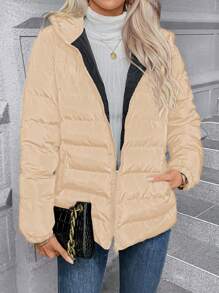 SHEIN Unity 冬季拉链连帽棉服大衣 - 卡其色 - 查看 4