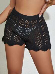 鏤空針織短褲 - 黑色 - 查看 1