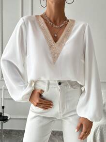 EURMUSE Ladies Lantern Sleeve Shirt - White - View 1