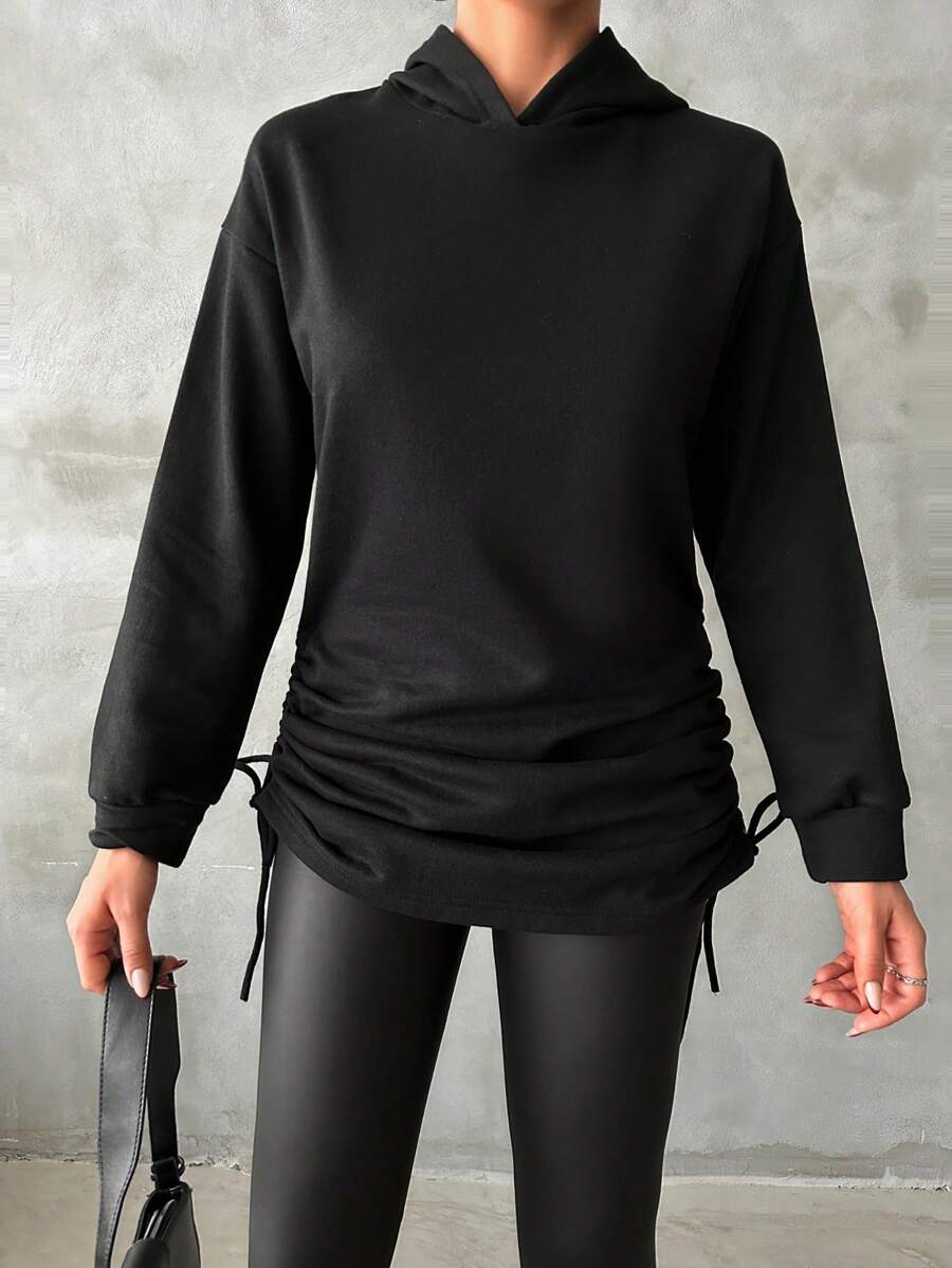 EURMUSE Women's Hooded Sweatshirt With Drawstring Hem - Black - View 1