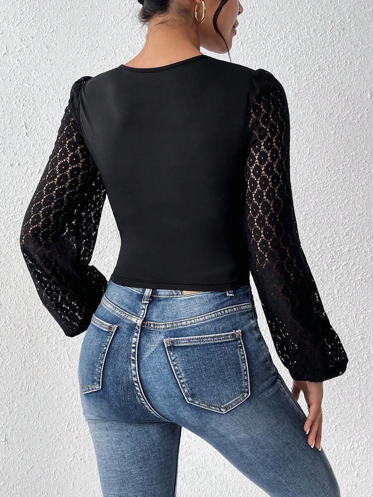 Lace Lantern Sleeve Women'S Top Winter Elegant Black