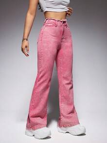 SHEIN EZwear 毛邊緣牛仔喇叭褲 - 粉色 - 查看 4