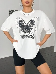SHEIN Unity Camiseta de hombros caídos con estampado de mariposa y letra - Blanco - Ver 3