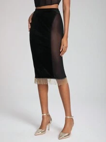 Jhome Apparel Designer Contrast Mesh Fringe Hem Velvet Elegant Skirt, For Summer, Holiday, Party, Festival - Black - View 3