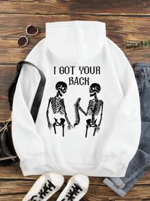 SHEIN EZwear Skeleton & Slogan Graphic Drawstring Thermal Lined Hoodie - White - View 1