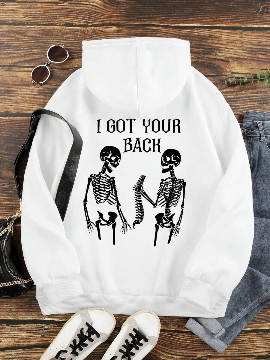 SHEIN EZwear Skeleton & Slogan Graphic Drawstring Thermal Lined Hoodie - White - View 1
