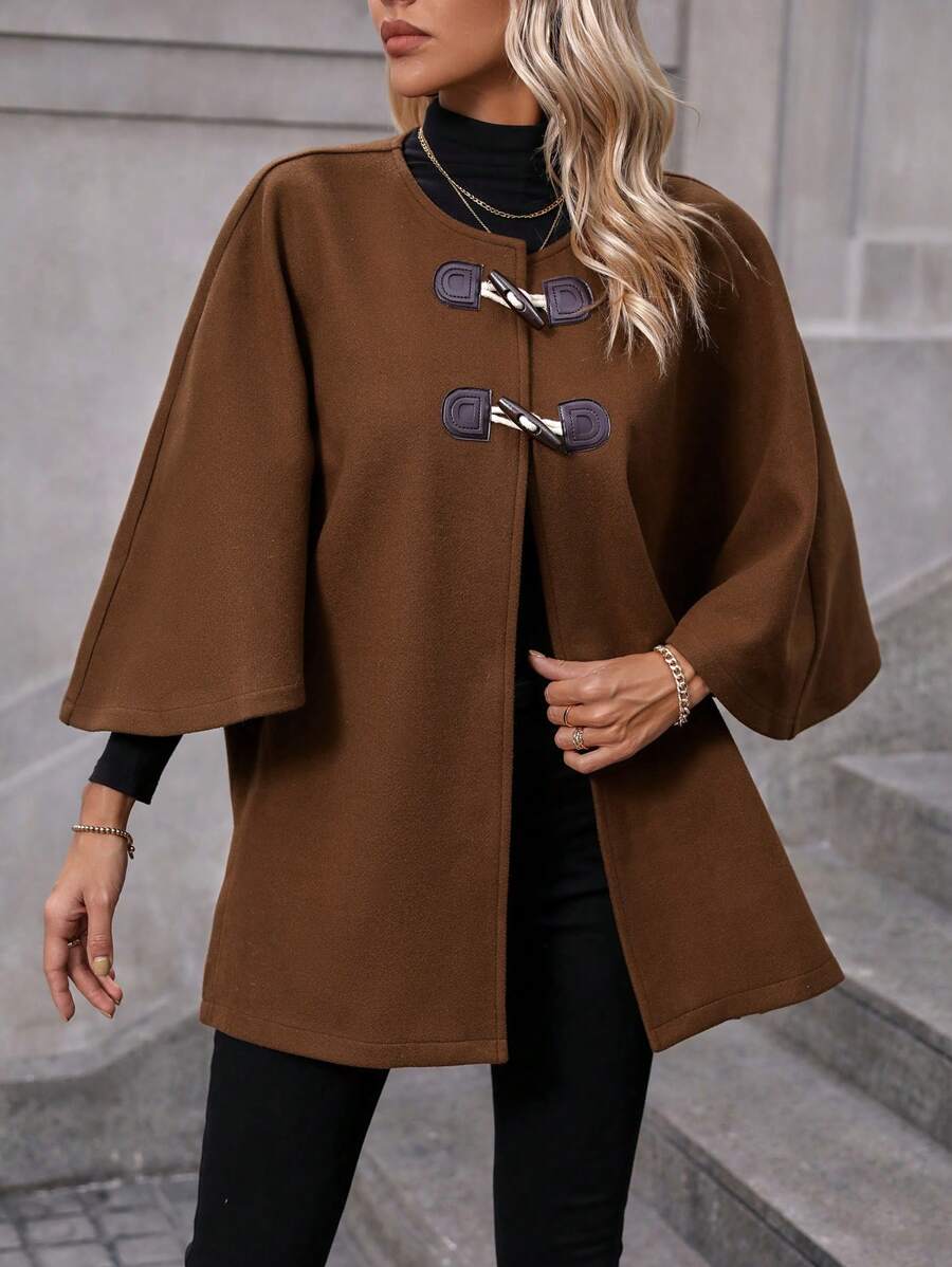 SHEIN LUNE Batwing Sleeve Duffle Tweed Overcoat - Brown - View 1
