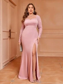 SHEIN Belle Plus Size Lace Patchwork Backless High Slit Mermaid Bridesmaid Dress - Dusty Pink - View 6