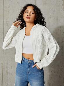 SHEIN Teen Girl Cable Knit Drop Shoulder Hooded Cardigan - White - View 5