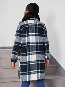 SHEIN 女大童格紋翻蓋口袋落肩袖花呢外套 - 彩色 - 查看 2