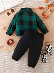 圣诞宝宝格子印花翻盖口袋衬衫和裤子（不含 T 恤）