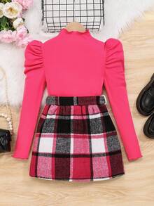 SHEIN Cô gái Tween Cổ giả Tay áo Áo thun & In kẻ sọc Thắt lưng Váy - Màu Hồng Tươi - Xem 2