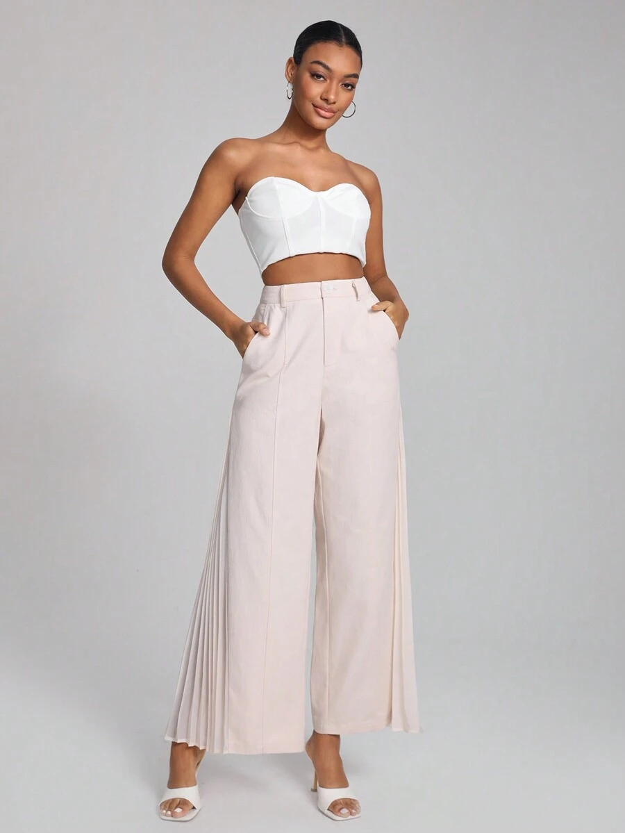 ROSEANNE MC NAMEE Solid Pleated Detail Wide Leg Pants - Apricot - View 1