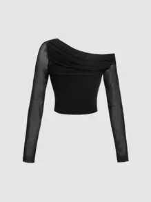SHEIN MOD Asymmetrical Neck Contrast Stitch Mesh Sleeve Top