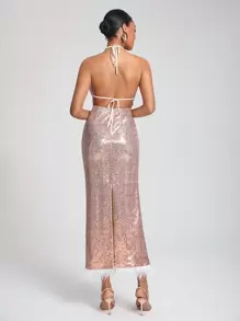 NEW FEMME Designer Sequin Dress With Fuzzy Hem, Summer Elegant Dress, Holiday, Party, Birthday Outfits, Festival, Wedding, Prom Dress - Baby Pink - View 2