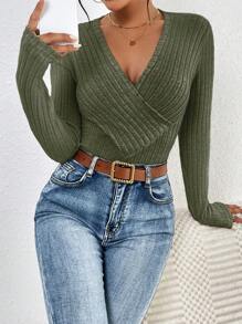 SHEIN Frenchy 素色條紋針織交疊領連身背心 - 墨綠色 - 查看 1