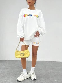 SHEIN EZwear Đồ họa Chữ cái Thả vai Áo nỉ & Quần short đi xe - trắng - Xem 4