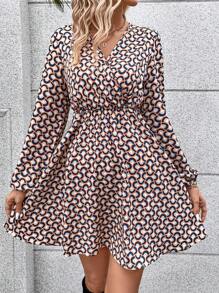 SHEIN Frenchy Rochie cu mânecă lanternă cu imprimeu peste tot - Multicolor - Vizualizare 5