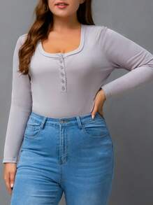 SHEIN EZwear Plus Half Button Ribbed Knit Bodysuit - Grey - View 4