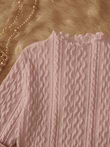 SHEIN Leap Crew Tween Girl Knitted Jacquard Solid Color Vacation Style Lantern Sleeve Top With Flounce Trim - Baby Pink - View 4
