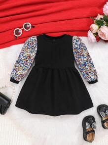 SHEIN Trẻ sơ sinh Cô gái Thời gian rảnh rỗi Đan Vá lại Trân châu Nghệ Embellished Ống tay áo Đầm - màu đen - Xem 1