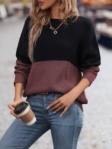 SHEIN LUNE Women's Colorblock Drop Shoulder Sweater - Red - View 3