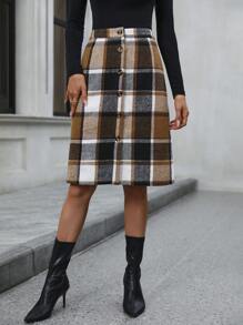 SHEIN LUNE 格紋印花前紐扣直筒半身裙 - 彩色 - 查看 4