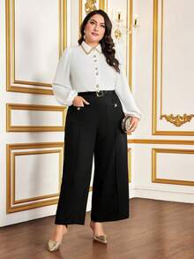 Modelyn Plus High Waist Wide Leg Pants Without Belt - Black - View 3