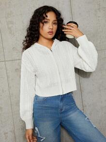 SHEIN Teen Girl Cable Knit Drop Shoulder Hooded Cardigan - White - View 6