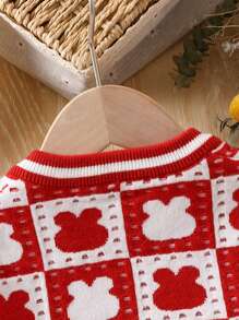 SHEIN Young Girl Cartoon Pattern Striped Trim Cardigan - Red - View 4