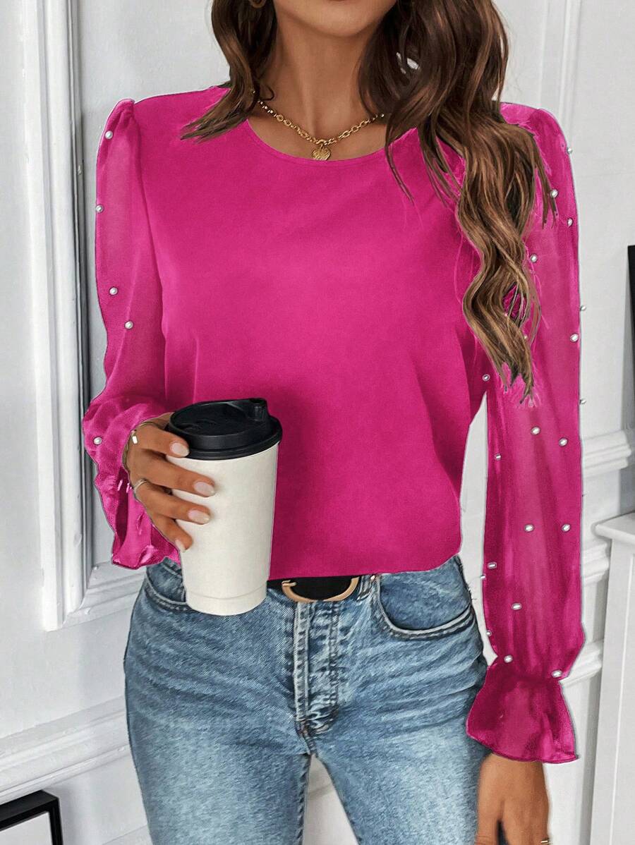 SHEIN Clasi Pearls Beaded Flounce Sleeve Blouse - Hot Pink - View 1