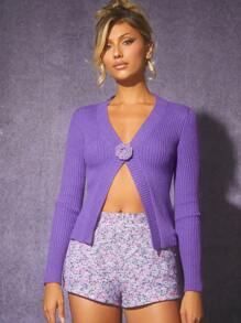 SHEIN Haute 罗纹针织花卉纽扣长袖开衫 - 紫色 - 查看 5