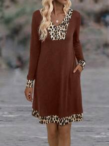 豹紋印花隱藏口袋T恤洋裝 - 棕色 - 查看 3