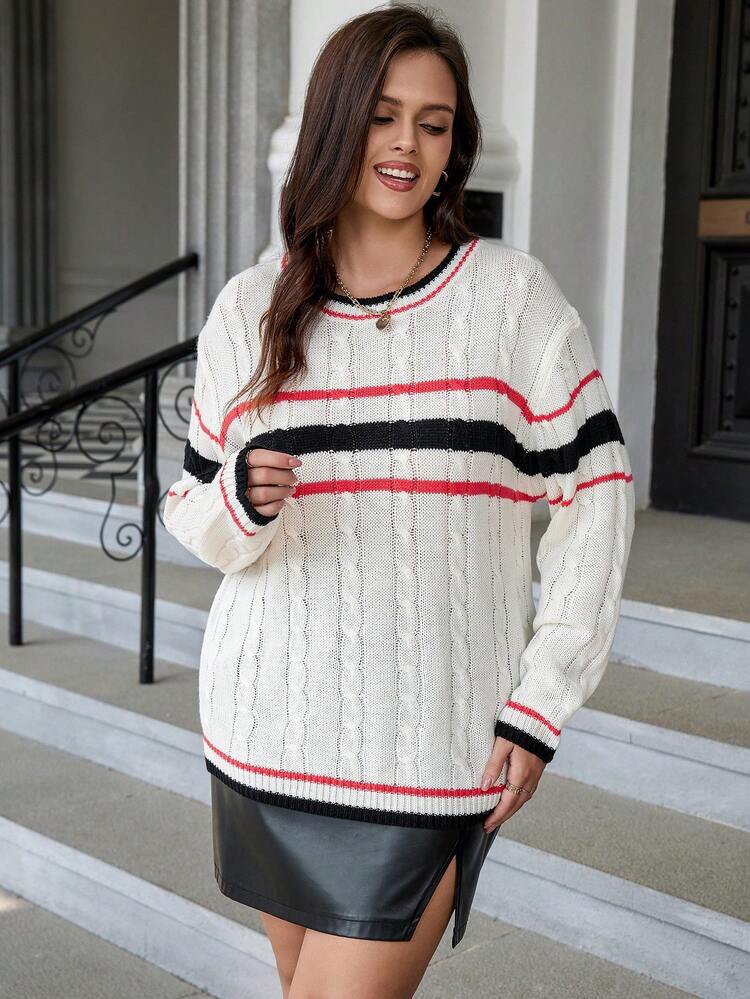 Plus Striped Pattern Cable Knit Drop Shoulder Sweater Knit Pullover Fall Winter Sweater