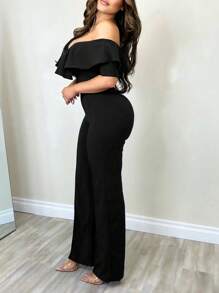 Women's Elegant Ruffled Off Shoulder Solid Color Jumpsuit - Black - View 3