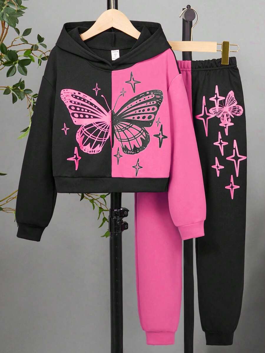 SHEIN Tween Girl Two Tone Butterfly Print Hoodie & Sweatpants - Multicolor - View 1
