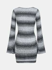 Chica preadolescente Vestido de ombré de manga con volante tejido de canalé - Gris Claro - Ver 2