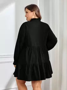 SHEIN Privé Plus Notched Neckline Ruffle Hem Smock Dress,Graduation Dress - Black - View 2
