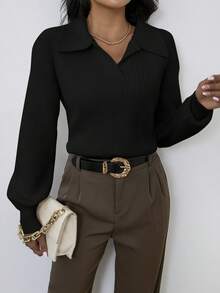 SHEIN Privé Chất rắn Đồ đan Ribbed Thả vai Áo len - màu đen - Xem 3