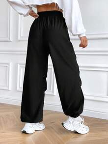 SHEIN Unity Chất rắn Eo dây rút Quần - màu đen - Xem 2