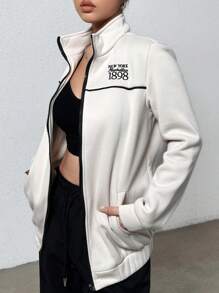 SHEIN Unity 女子拉鍊前襯衫,附有字母繡花 - 米色 - 查看 4