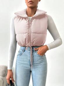 RueChic Drawstring Hem Zipper Vest Puffer Coat - Dusty Pink - View 3