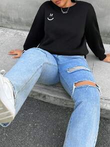 Flirla 大碼卡通圖案落肩袖運動衫 - 黑色 - 查看 5