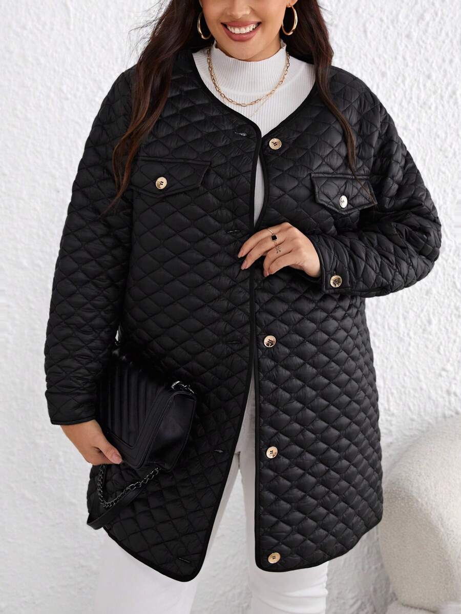 SHEIN Clasi Hơn Chi tiết về Flap Áo khoác Quilted - màu đen - Xem 1