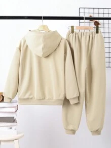 SHEIN Tween Boys Casual Color Block Cardigan Hoodie & Pants Matching With Round Neck Tee & Knitwear T-Shirt 3pcs Set - Khaki - View 2
