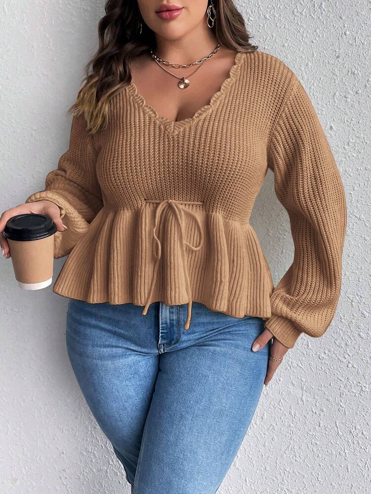Plus Scallop Trim Lantern Sleeve Tie Front Peplum Sweater