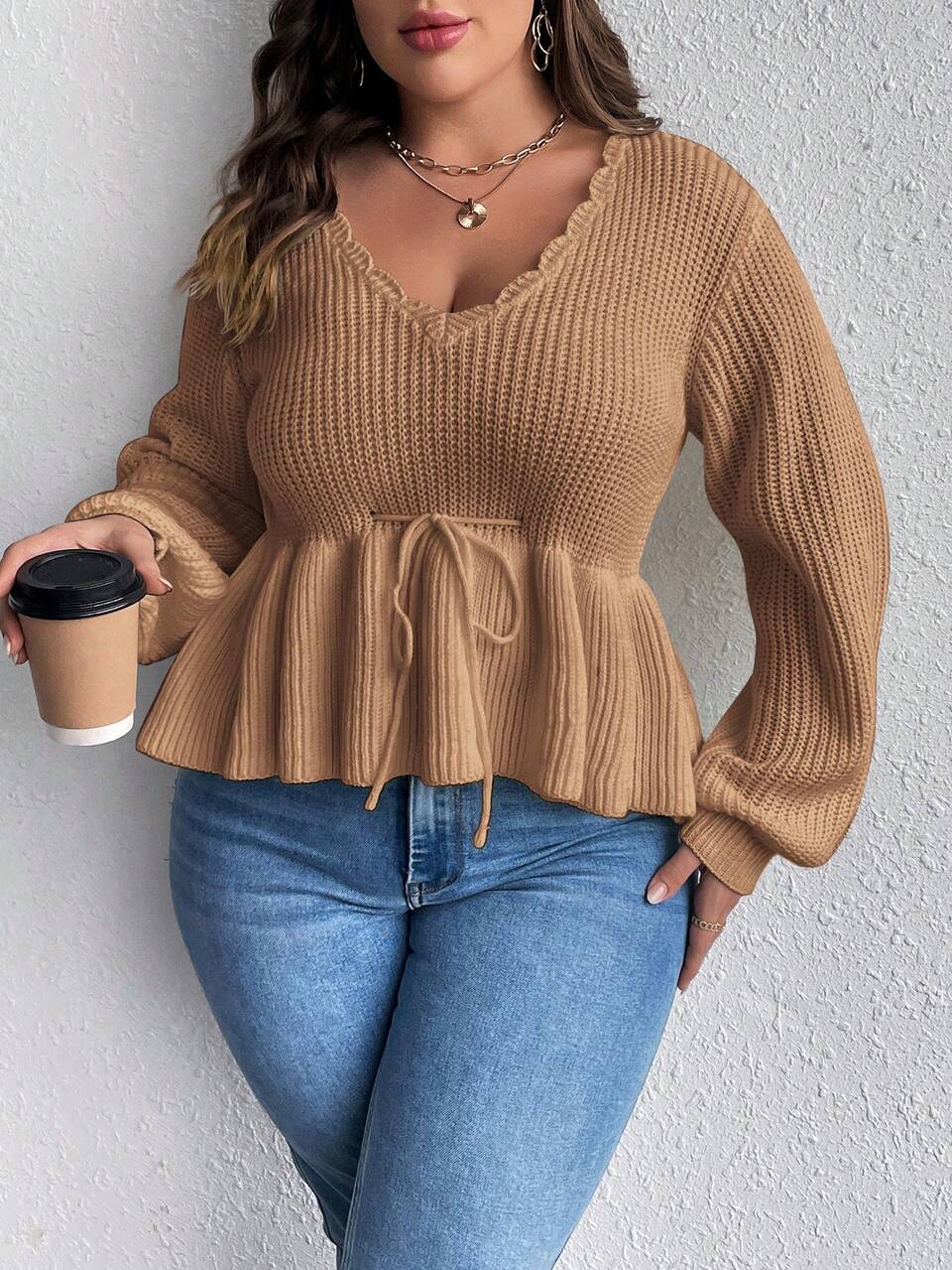 Plus Scallop Trim Lantern Sleeve Tie Front Peplum Sweater