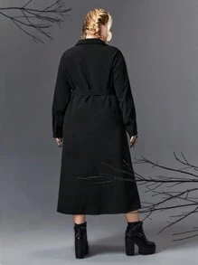 ROMWE Goth Plus Snake Embroidery Belted Shirt Dress - Black - View 4