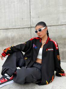 Coolane Car & Letter Graphic Striped Trim Drop Shoulder Bomber Jacket In Fall/Winter - Black - View 5